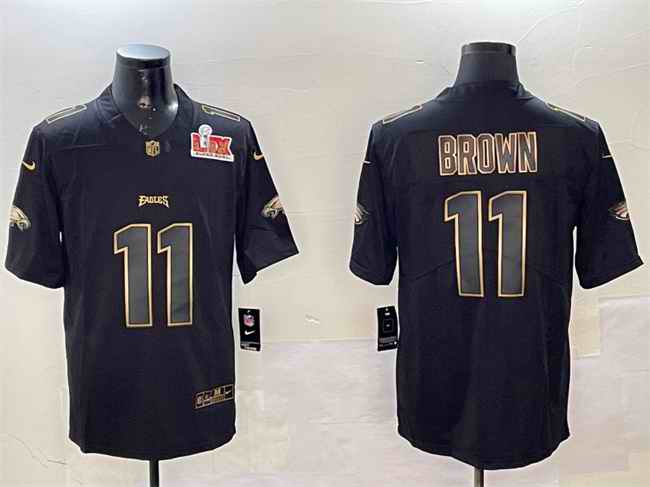 Men's Philadelphia Eagles #11 A. J. Brown Black/Gold 2025 Super Bowl LIX Patch Vapor Untouchable Limited Stitched Football Jersey